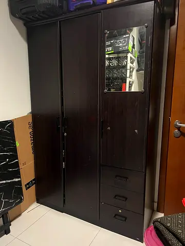 Dark wood 3-door wardrobe with mirror and drawers - good condition