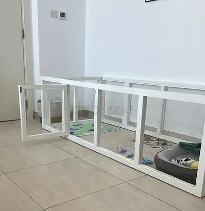 White indoor pet playpen with door - glass panels, like-new