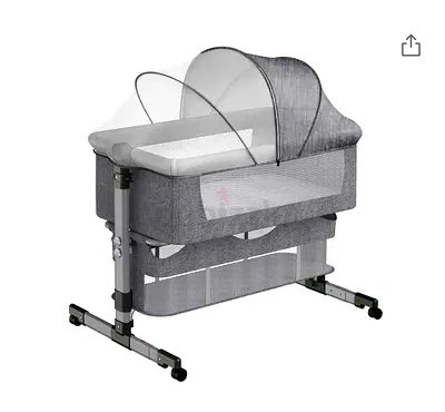 Adjustable Grey Baby Bassinet/Cradle with Mosquito Net and Storage