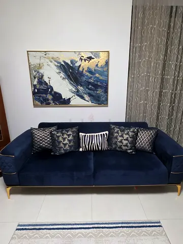 Navy Blue Velvet & Beige 4-Seaters Sofa with Gold Legs