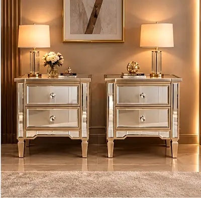 Pair of Mirrored Glass Nightstands / Bedside Tables - Elegant Silver Finish
