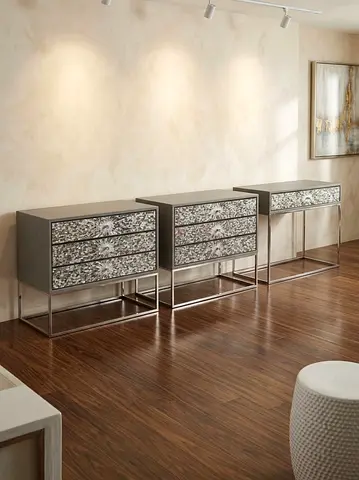 Set of 3 Decorative Mirrored Dressers on Metal Frames - Good Condition