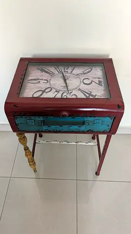 Industrial Vintage Clock-Top Side Table with Drawer