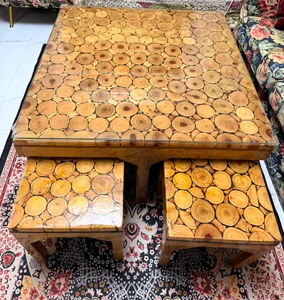 Solid Wood Slice Coffee Table with 2 Matching Stools
