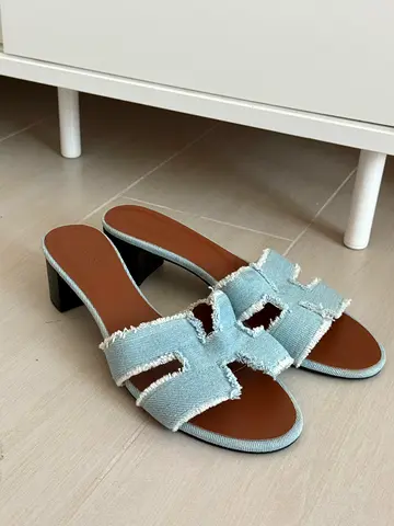 Light blue denim open-toe block heel sandals