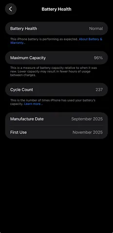 iPhone with 96% Battery Health, Low Cycle Count (Made Sep 2025)