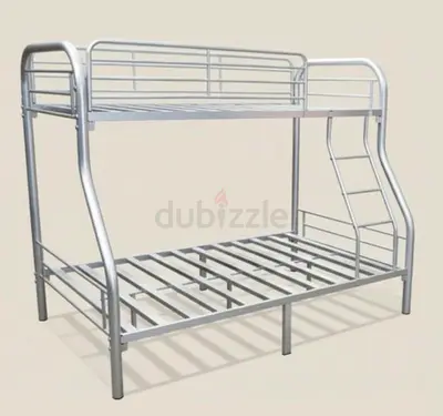 Silver Metal Bunk Bed (Double on Bottom, Single on Top) - Sturdy Frame
