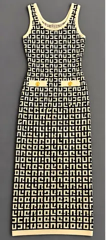 Elisabetta Franchi Monogram Knit Maxi Dress – Black & Cream – Made in Italy