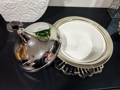 Silver Serving Dish with Dome Lid and Ceramic Insert