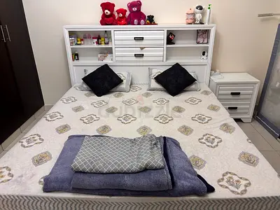 King Size Wood Bed with 2 Side Table and 1 White 6-Drawer Dresser with Large Mirror - Good Condition