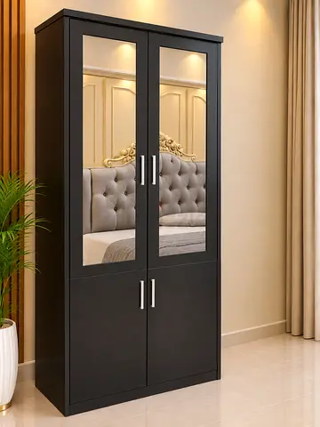 Black 4-Door Wardrobe with Mirrored Upper Doors — Good Condition