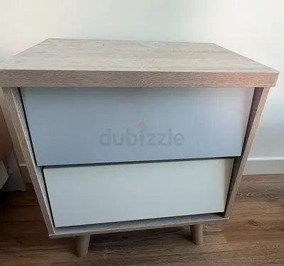 Small two-drawer bedside table in light oak and white finish