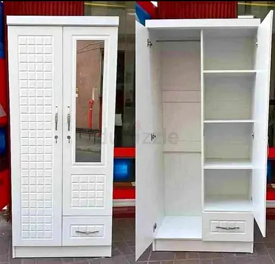 White 2-Door Wardrobe with Mirror & Shelves — Good Condition