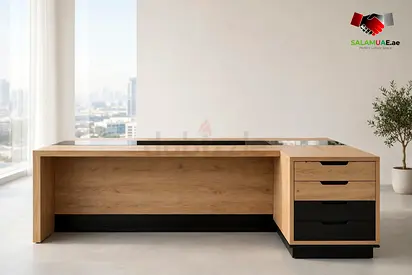 L-Shaped Oak Executive Desk with Credenza & Glass Inlay – Factory-Direct
