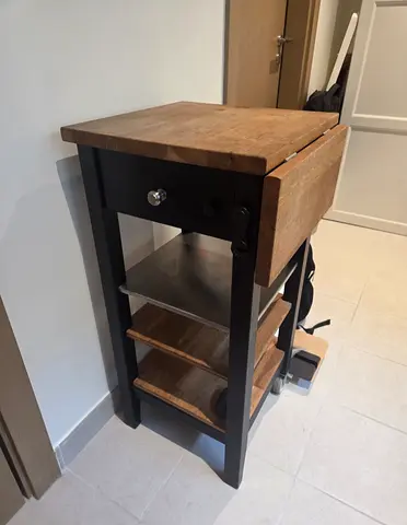 Small wooden kitchen island cart with drop-leaf and shelves