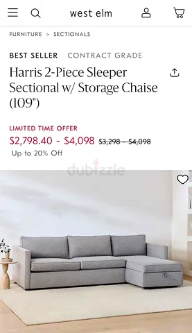 West Elm Harris 2-piece sleeper sectional with storage chaise