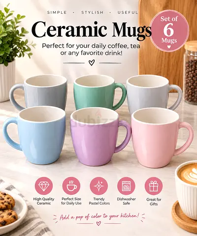 Set of 6 Pastel Ceramic Mugs — Dishwasher Safe