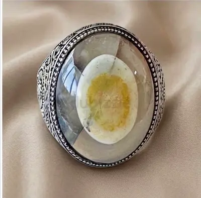 Natural Pictorial Egg Agate 925 Silver Ring خاتم فضة 925 عقيق مصور شكل بيضة طبيعي