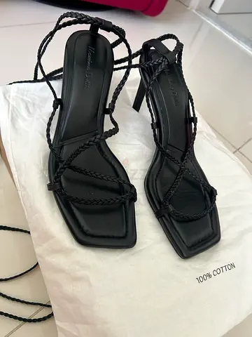 Massimo Dutti Black braided strappy square-toe heeled sandals - size 38-39