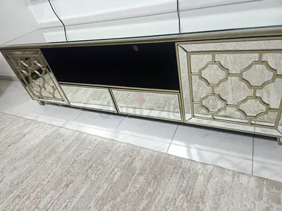 Mirrored TV Console Cabinet with Decorative Panels in good condition
