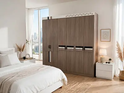 Modern 6-Door Wooden Wardrobe / Armoire in Grey-Brown Finish