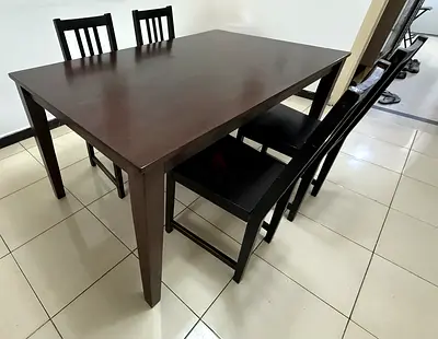 Wood 6 seater dining table with 4 chairs