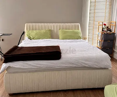 Queen upholstered fabric bed frame with headboard - cream