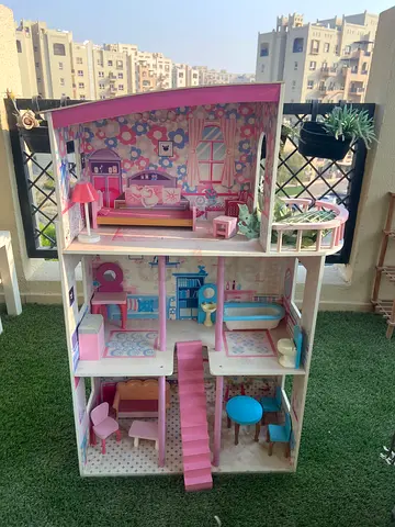 Large Wooden Dollhouse with Furniture - Pink/Blue, 3-Story