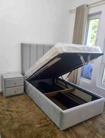 Single Grey Fabric Hydraulic Storage Bed With Headboard and Mattress