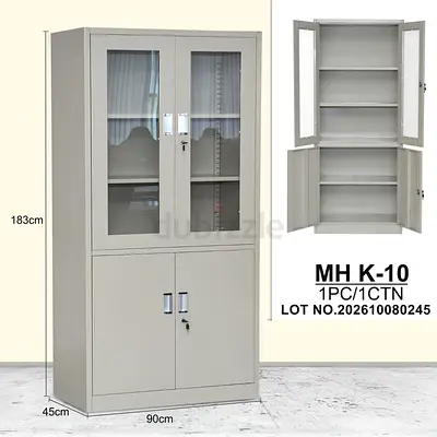 Metal Storage Cabinet with Glass Upper Doors and Lockable Lower Cupboards