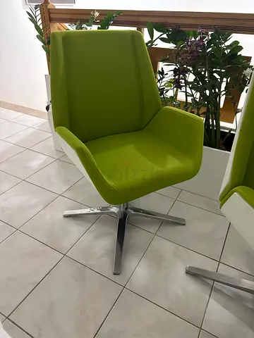 Five Green swivel lounge chair with chrome base & Small table, marble top — good condition