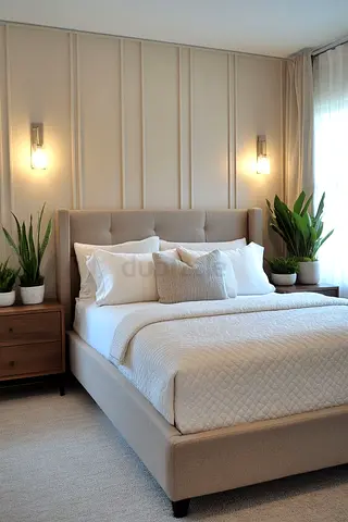 Beige Upholstered Double Bed with Headboard
