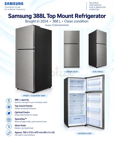 Samsung 388L Top Mount Refrigerator - 2024 Model, Clean Condition