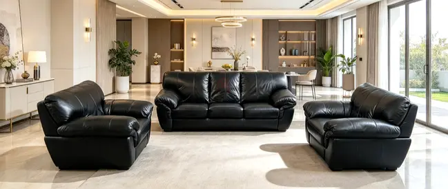 Black Leather 3-Seater Sofa with Two Armchairs - Good Condition