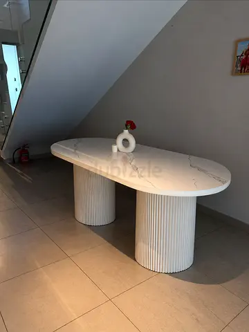 Modern White Marble-Effect Dining Table with Rounded Top