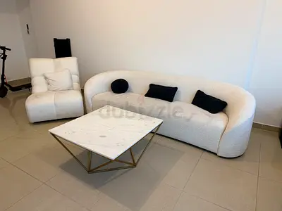 Curved 3-Seater Bouclé Sofa with Matching Armchair and Marble Coffee Table