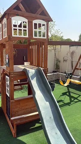 Wooden Outdoor Playhouse with Slide and Swing Set — Good Condition