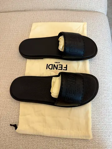 Genuine Fendi Black Logo Slides - Size 10.