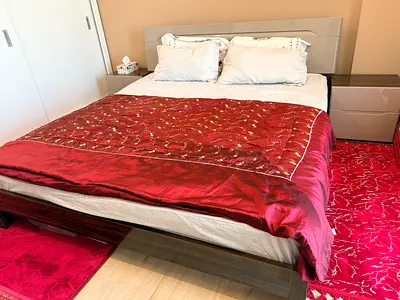 Modern beige king size Bed with matress and 2 nightstand