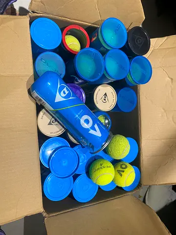 Box of 72+ mixed used tennis balls kept in cans mainly Dunlop AO