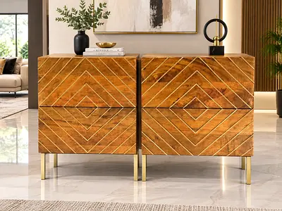 West Elm Solid Wood Nightstands with Geometric Inlay - Set of 2