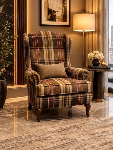 Vintage Classic Wingback Armchair with Plaid Upholstery