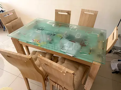 Wooden 6-Seater Dining Table with Frosted Glass Top