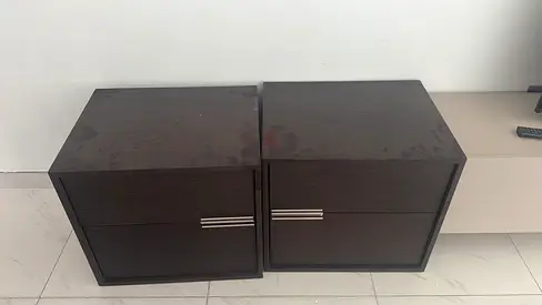 Pair of dark wood bedside nightstands with drawers (used)