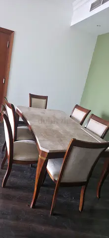 Wooden 6-Seater Dining Table with Marble Top and Chairs