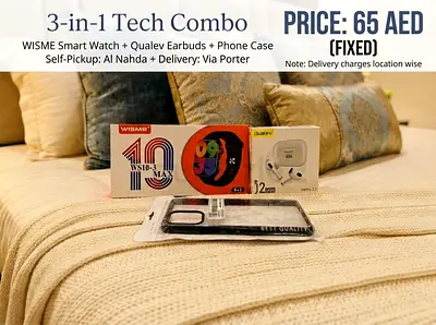 3-in-1 Tech Combo: WISME Smart Watch + Qualev Earbuds + Phone Case - 65 AED