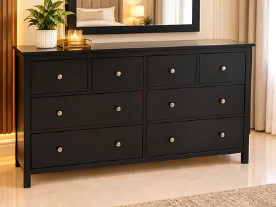 Black 8-Drawer Wide Dresser / Chest with Knob Handles