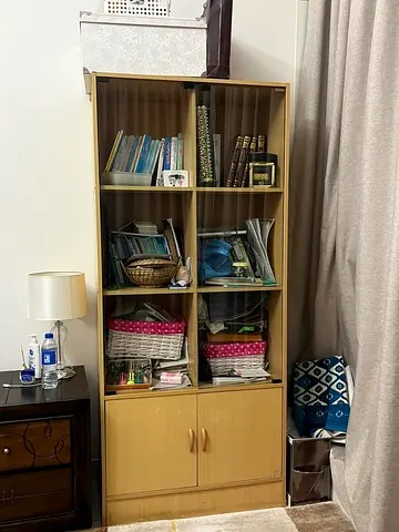 IKEA-style wooden bookcase with glass doors - good condition