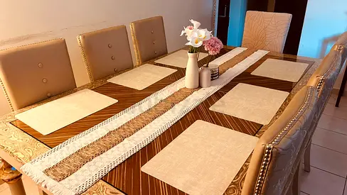 STUNNING LUXURY 8-Seater Dining Set | Crystal-Accented Legs & Leather Finish Designer Chairs |