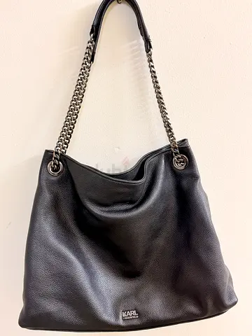 Black leather shoulder bag with chain straps - roomy everyday tote